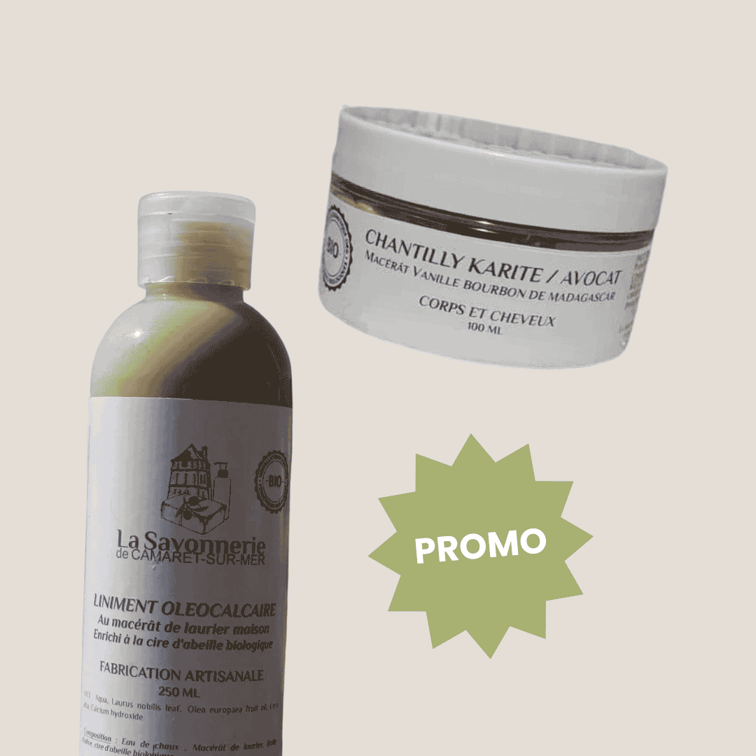 ✨ Le duo cosmétique – Chantilly Karité vanillé + Liniment laurier et cire d’abeille